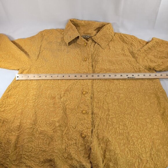 Uru 100% Silk Blouse Yellow Embossed Floral Flowers Button Textured 3/4 sleeve L - Picture 7 of 11